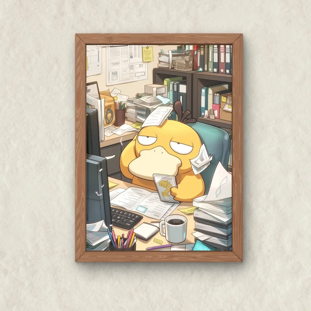 Psyduck Overthinking Japanese Art Poster, Duck Tired of Work Unframed Wall Art, Anime Cartoons Decor, Home Decor