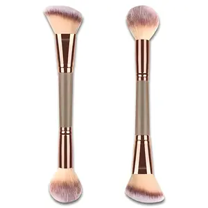 Double-Ended Foundation Makeup Brush | Soft Synthetic Bristles Face Tool for Smooth Blending & Even Application, Angled & Round Top, Champagne Gold