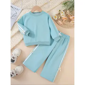 Girls' Preppy Style Sweatshirt Set, Striped Bowknot Design, Sweet Casual Long Sleeve Top & Wide Leg Pants, Spring & Fall Wear, Casual Outfit Set
