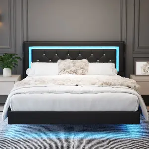 Queen Size Bed Frame with LED Lights, Upholstered Floating Platform Bed with Diamond Tufted Headboard, No Box Spring Needed, Noise Free, Easy Assembly, Black