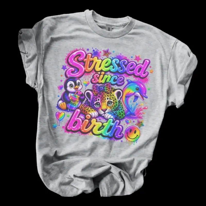 LF Designs - Stressed Since Birth Bleached Shirt Comfy Unisex Jersey Top Casual Vintage Style Short Sleeve Crew Neck Medium Length