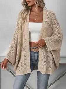 Elegant Casual Knitted Cardigan with Batwing Sleeves, Pure Color Hollow Out Design, Loose Fit Women's Sweater, Front Open Style, Knitwear, Womenswear