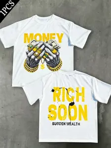 Men's Graphic Print T-Shirt, Money Rich Soon Hip Hop Theme, Street Style Summer Casual Wear, Fitted Short Sleeve Top