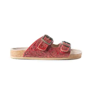 Myra Falling Feather Red Tooled Leather Sandals for Women - Dual Strap Casual Slides with Cushioned Sole for All-Day Comfort