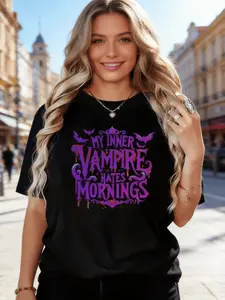 Women's My Inner Vampire Hates Mornings T-Shirt - Gothic Vampire Text Tee with Purple & Pink Drip Font, Casual Round Neck Short Sleeve Top for Night Owls, Vampire Lovers, for halloween Costumes or Casual Attire - Comfortable Gift Idea