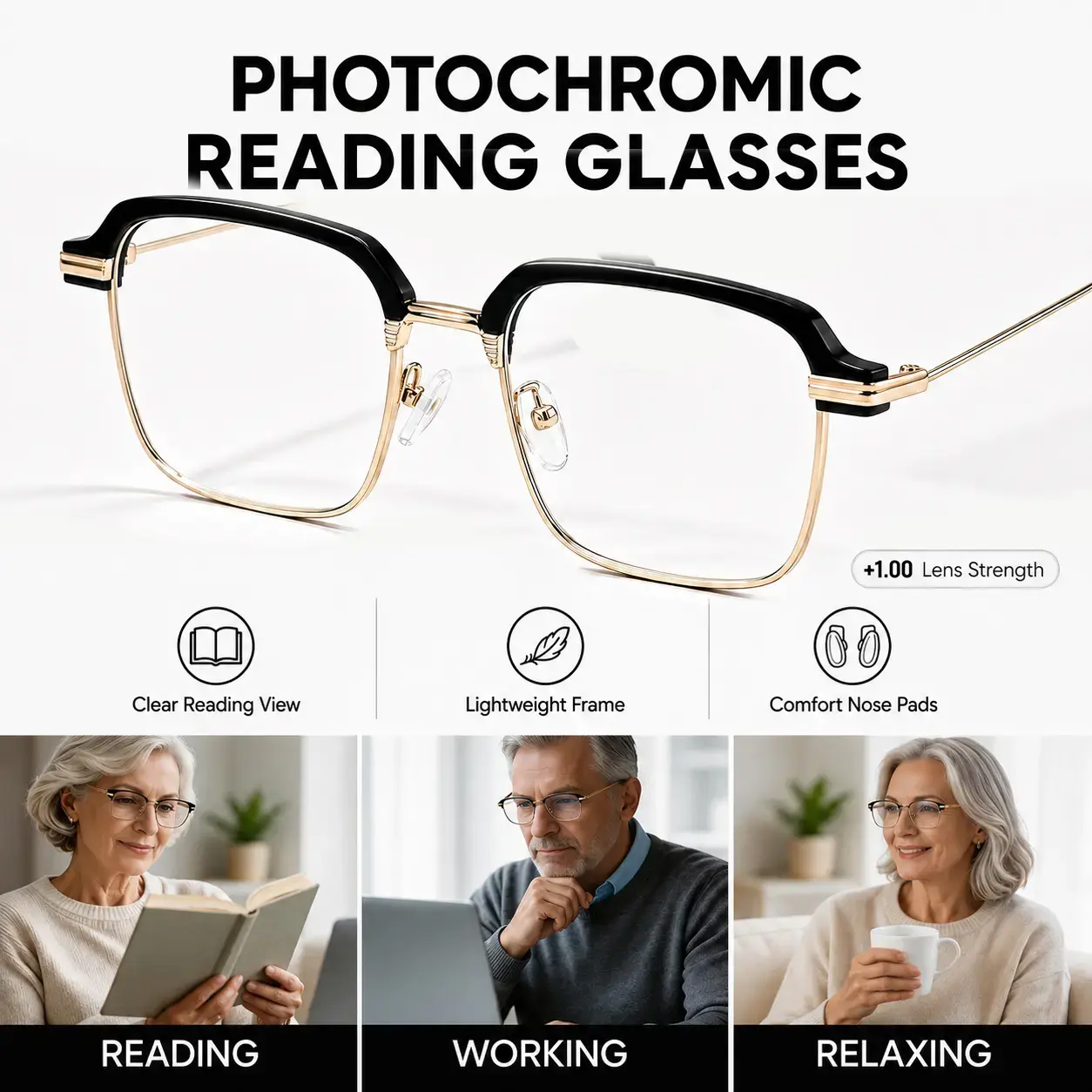 UV-Induced Photochromic Reading Glasses, Available in +1.00, +1.50, +2.00 and +2.50, Anti- Light Readers with UV Protection, Black Gold Lightweight Eyeglasses for Men and Women, Work, Travel and Everyday Wear