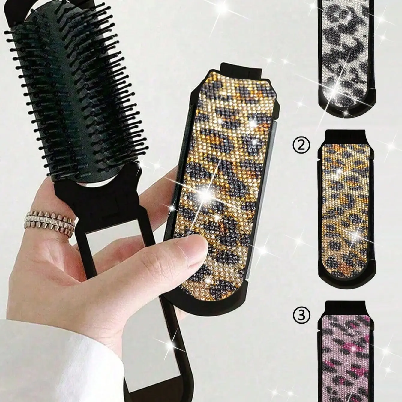 Leopard Print Folding Mirror Comb – foldable mini travel makeup mirrors that also function as massage combs, durable plastic frame, Compact Size, fashionable, suitable for women, perfect for everyday hairstyling, Grooming Tool, Beauty Tools
