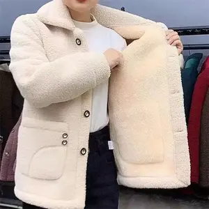 Winter Thick Fleece Single Breasted Lamb Fur Women's Coat Mom Wear Lapel Pocket Imitation Fur Warm Casual Jacket Female(Sheets)