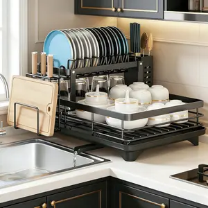 2-Tier Foldable Dish Drying Rack with Drainboard, Multi-Layer Tableware Drain Storage Rack, Space Saving Kitchen Countertop Dish Drainer for Home Kitchen Use storage organization Reusable Grocery Trolley wash rack blade stand pad holder