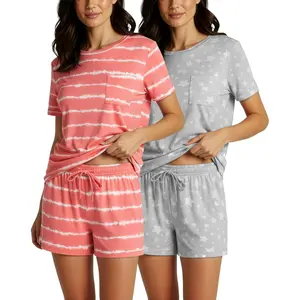 2 Pack: Women’s Short Sleeve Pajama Short Set - Comfy Lightweight Soft Lounge Sleepwear (Plus