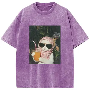 Digitex Acid Washed T-Shirts  "Sunglasses cat" Print Oversized Crewneck Half Short Sleeves Casual Graphic Tee Summer Streetwear