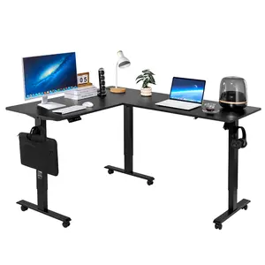 fathersdaygift  VEVOR L Shaped Desk, Electric Adjustable Height Corner Gaming Desk with Dual Hooks and Wheels, Heavy Duty Carbon Steel L-Shaped Computer Table with Power Strip for Home Office, Easy to Assemble, Black