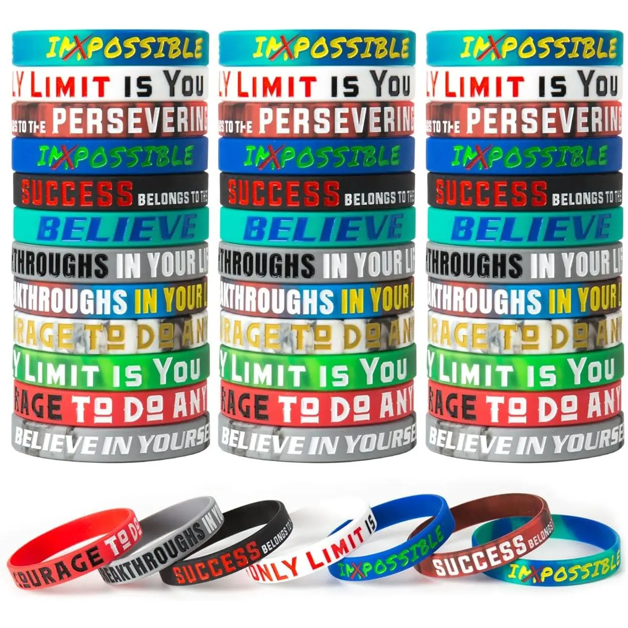 Unisex Silicone Motivational Bracelet Sets - 12 Pieces Inspirational Quote Wristbands for Teens, Fashion Costume Jewelry Accessories
