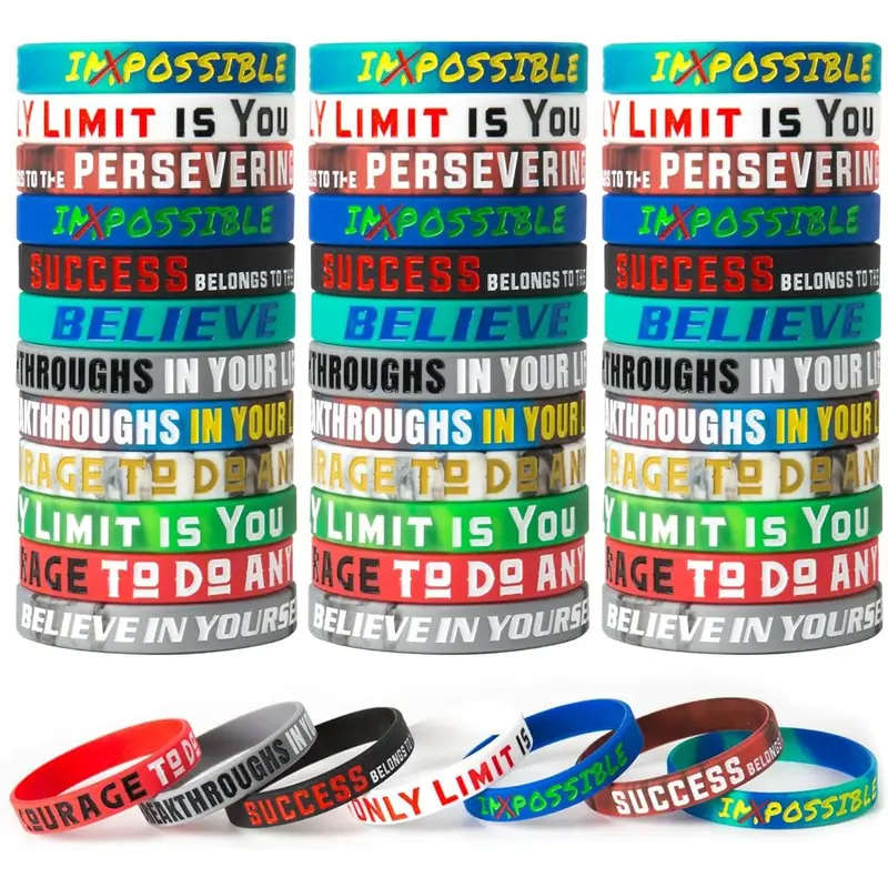 Unisex Silicone Elastic Bracelets Set - 12pcs Fashion Bangles with Inspirational Engraved Slogans, One Size Costume Jewelry for Teens Stacking Accessory