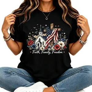 Christian Patriotic Floral Wildflower Cotton T-shirt Faith Family Freedom Church Cross American Flag Vintage USA Flag Religious Women's T-shirt