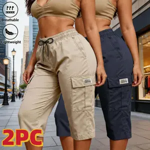 2PC Women's  Summer Cargo Capri Pants Elastic Waist Drawstring Solid Color Loose Casual Pants With Flap Pockets Daily Street Wear Women's Clothing