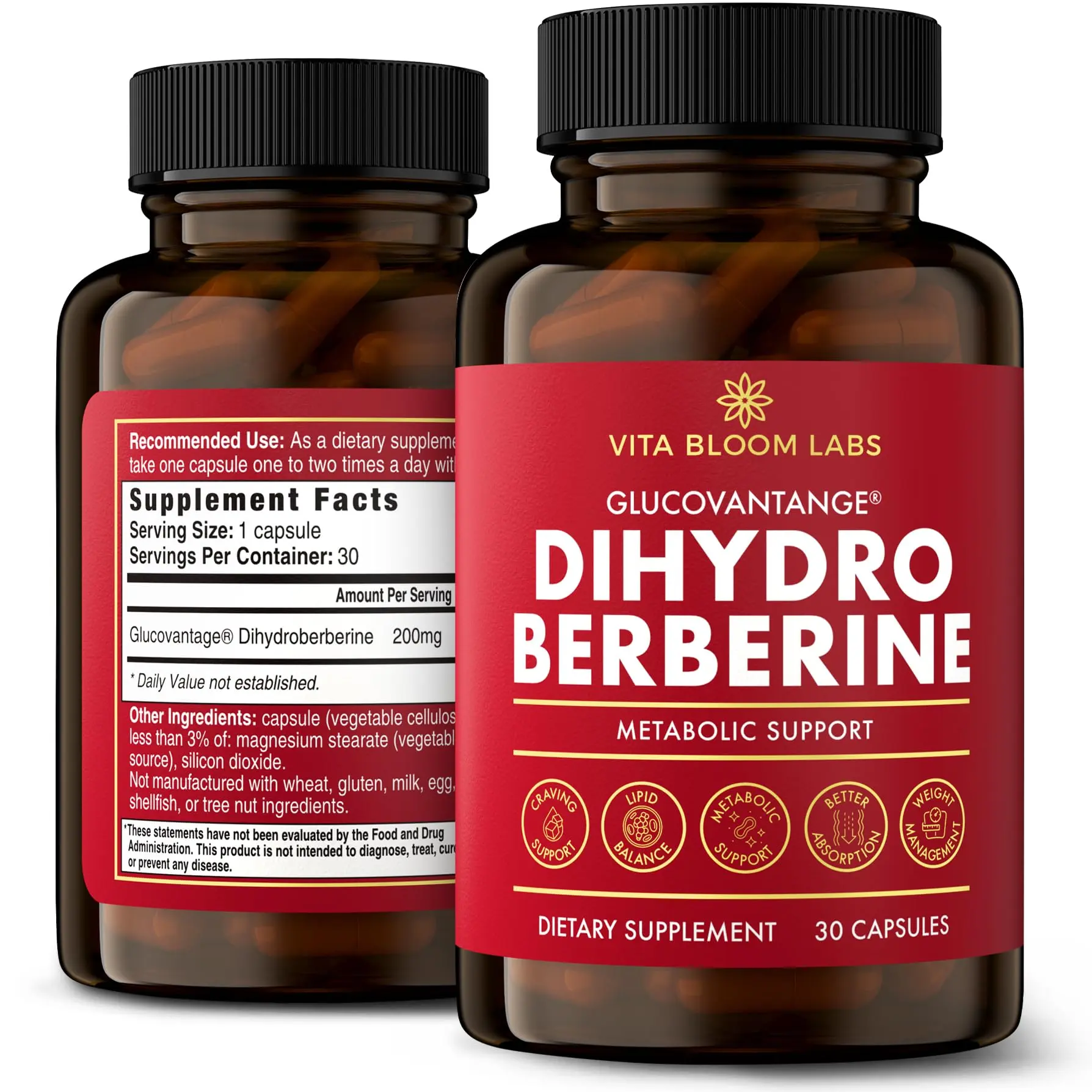 GlucoVantage Dihydroberberine Supplement - Enhanced Berberine for Superior Absorption & Effectiveness - Overall Wellness Support & Energy Balance (200mg)