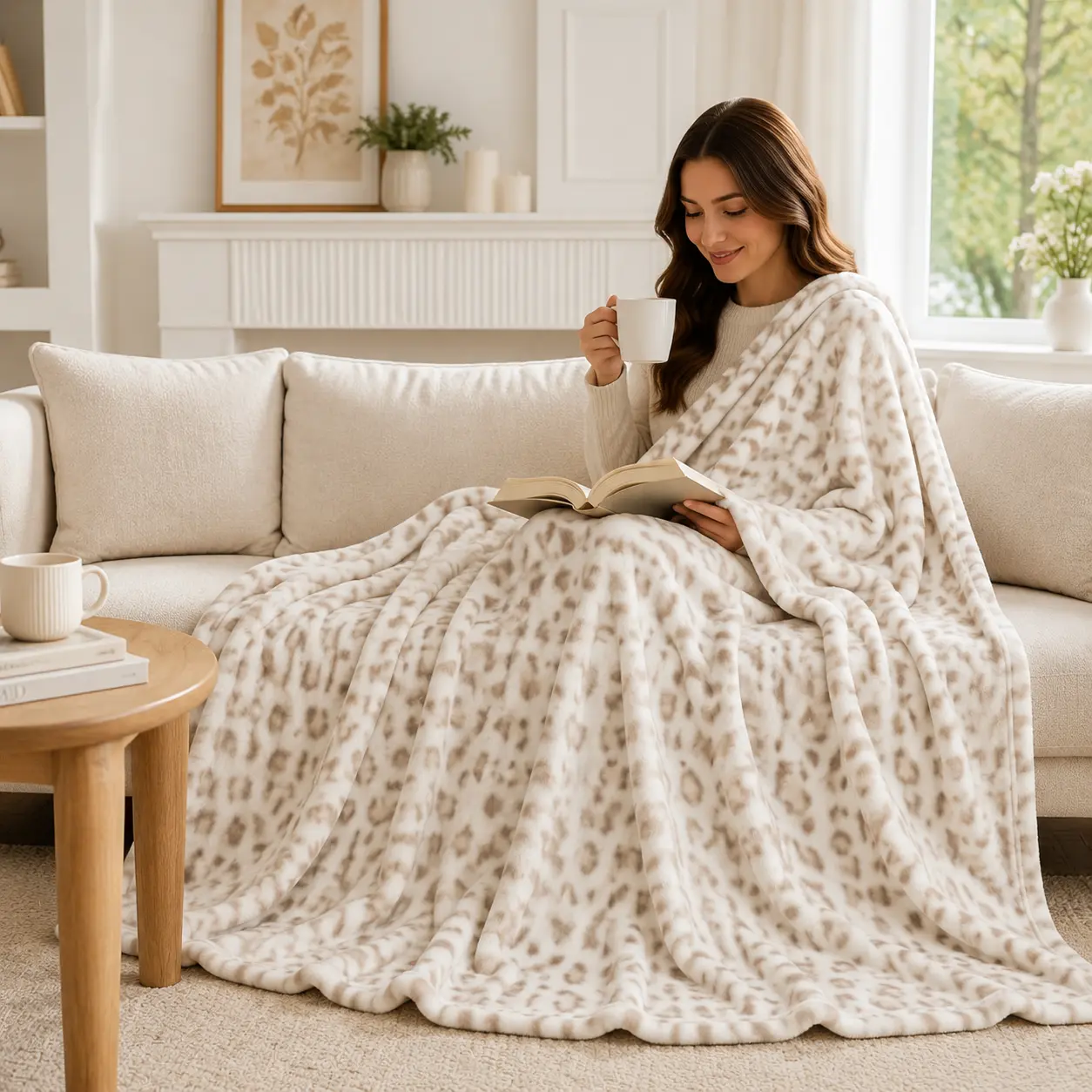 Cream Leopard Print Blanket, Soft Animal Print Throw Blanket, Luxury Cozy Fleece Blanket, Neutral Home Decor Blanket for Sofa Bed Bedroom, Stylish Gift for Women