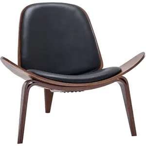 Shell Chair, Armless Mid Century Modern Accent Chair Faux Leather Shell Lounge Chair for Living Room Bedroom Office, Tripod Side Chair with Padded Seat, Solid Wood - Avalon (Black)