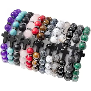 12Pcs Stone Beaded Bracelets for Women Men 8MM Round Beads Cross Beaded Adjustable Stretch Bracelets Religious Jewelry Gift Black Onyx Anklets