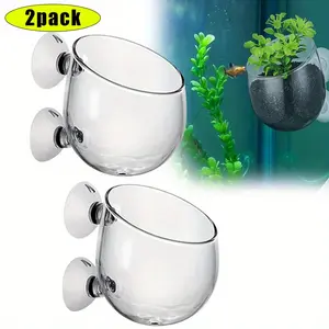 2Pcs Crystal Glass Aquatic Plant Pot with 4Pcs Suction Cups, Planter, Red Shrimp Live Plants Fish Tank Holder for Aquarium Aquascape Decoration