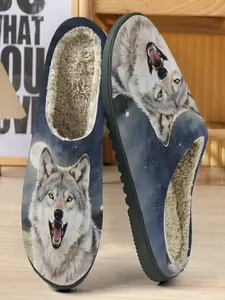 Moon Night Howling Wolf Theme Cotton Slippers, Soft Plush Lining, Casual Textile Upper, Eva Sole, Fall & Winter Home Wear