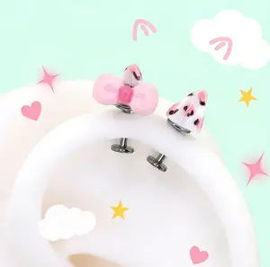 Titanium Alloy Cute Kitty Pink Leopard Print Bow Cat Ear Studs Cartilage Hoop Earrings Super Adorable for Girls