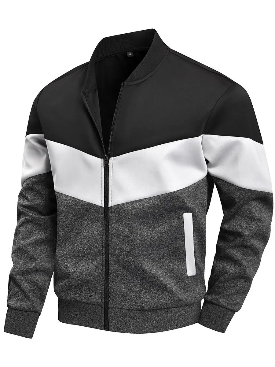 Men’s 3-Tone Black White Heather Gray Color Block Bomber Jacket - Full-Zip Rib Baseball Collar, Long-Sleeve, Loose-Fit, Smooth Fabric Casual Outerwear for Sports, Daily Commute - Tops Vibe Pairing with Jeans (Spring Fall Urban Use), Menswear, Office, Spor