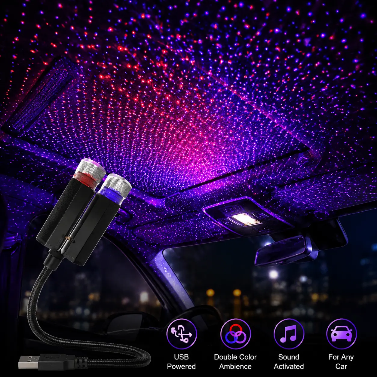 USB Dual Color Car Star Projector Light, Sound Activated Ambient Galaxy Light, 360° Adjustable Roof Starlight Atmosphere Lamp for Car Interior, Plug & Play USB Night Light#CarAccessories #CarGadgets #CarInterior #StarLight #GalaxyLightCar Star Light