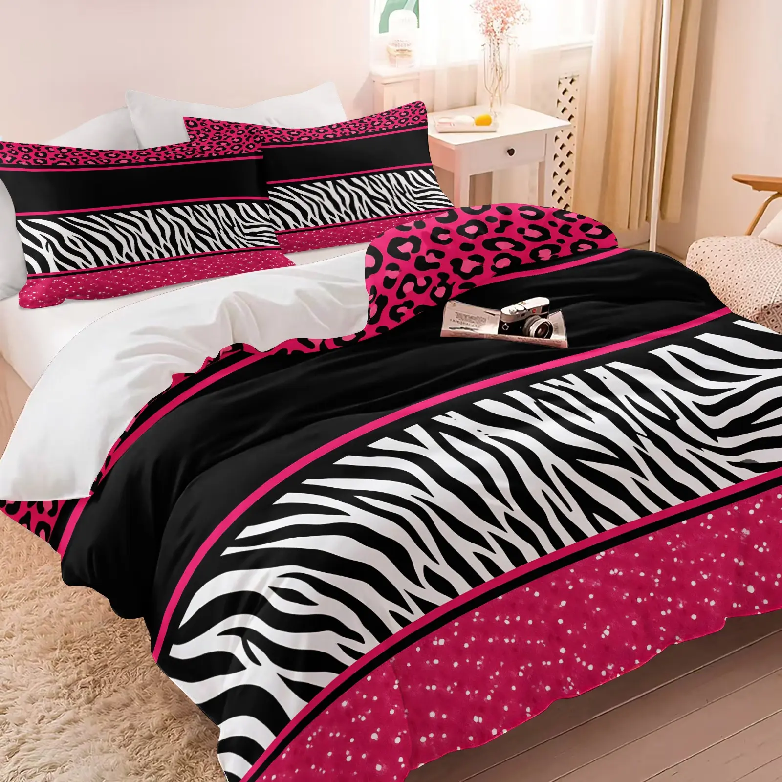 2/3Pcs Pink Leopard & Zebra Print Duvet Cover Set No Filler, Stylish Black & Pink Animal Print Comforter Cover Bedding Set with Pillowcases, Bold Y2K Safari Pattern Bedding for Girls, Teens & Trendy Bedroom Decor