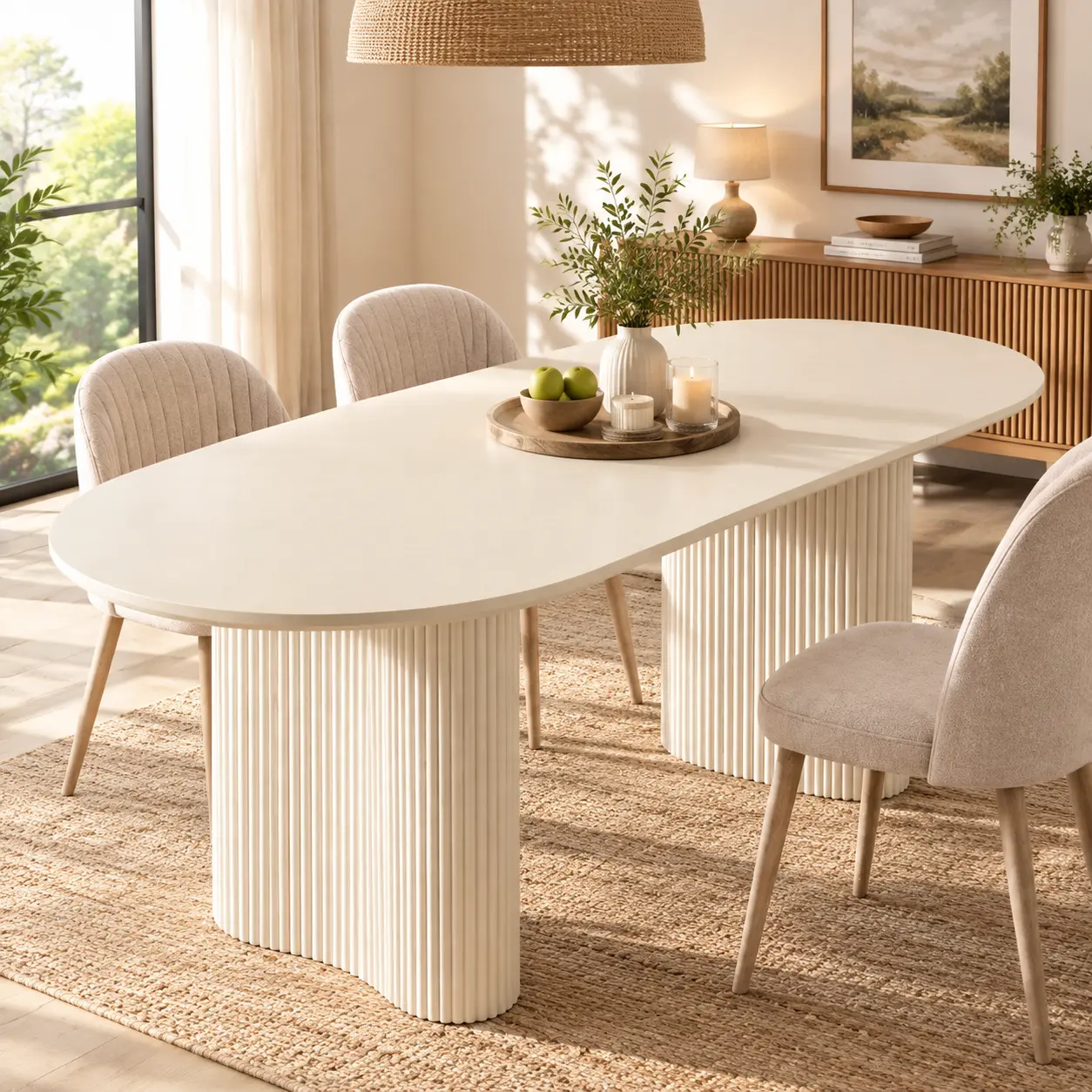 Indoor Modern Dining Table - 70.9in Thick Top, Cream White Fluted Base, Large Kitchen Table for 6-8 Seats