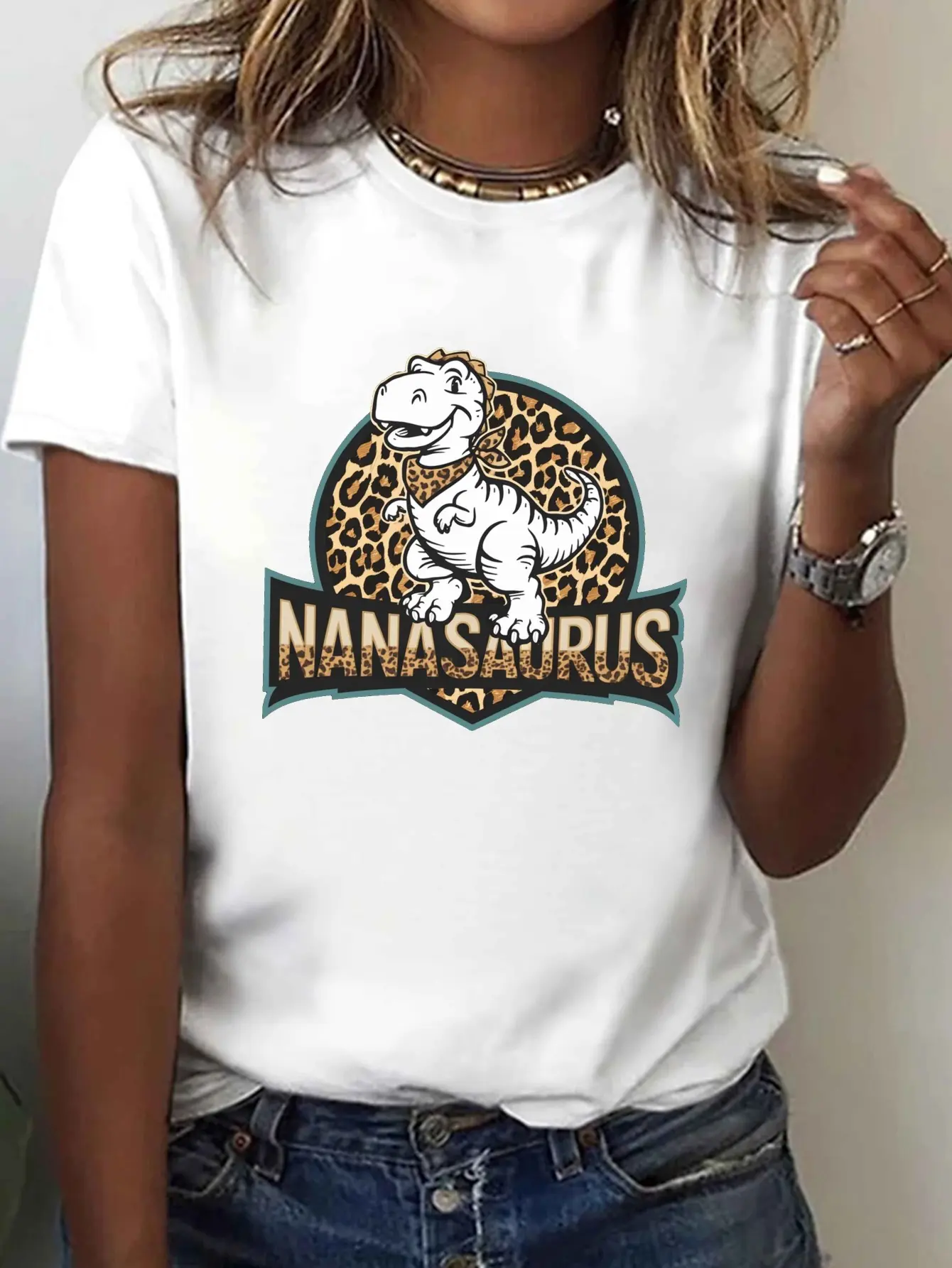 NANASAURUS Dinosaur with Leopard Print Print T-Shi unisex soft cotton short sleeve t shirt, vintage graphic casual tee for men women teens, perfect birthday holiday gift for camping travel gym daily street casual wear