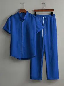 Men's Summer Casual Short Sleeve Button-Up Shirt & Drawstring Pocket Pants Set, Medium Size, Fitted Woven Fabric, All Seasons Wear