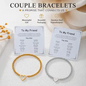 Couple Bracelets Set for Him & Her, Matching Heart Bead Bracelets, Promise Bracelet Gift for Boyfriend Girlfriend, Stainless Steel Friendship Jewelry, Anniversary Valentine’s Day Gift