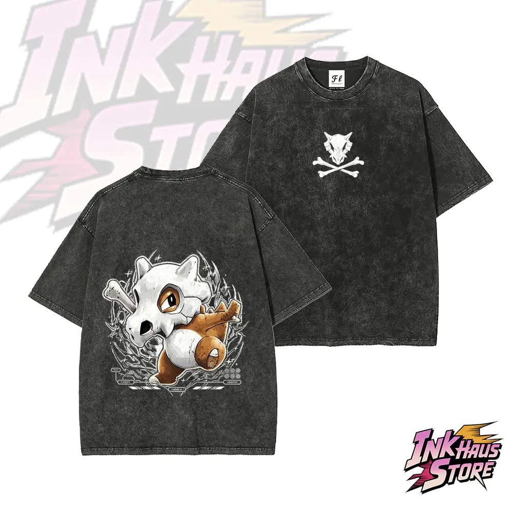PKMN Cubone Skull Vintage Washed AnimeShort Sleeve Cotton Unisex Retro wash Tee
