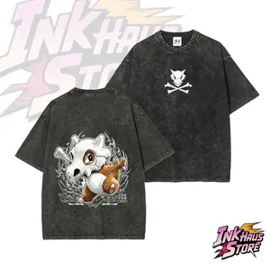 PKMN Cubone Skull Vintage Washed AnimeShort Sleeve Cotton Unisex Retro wash Tee