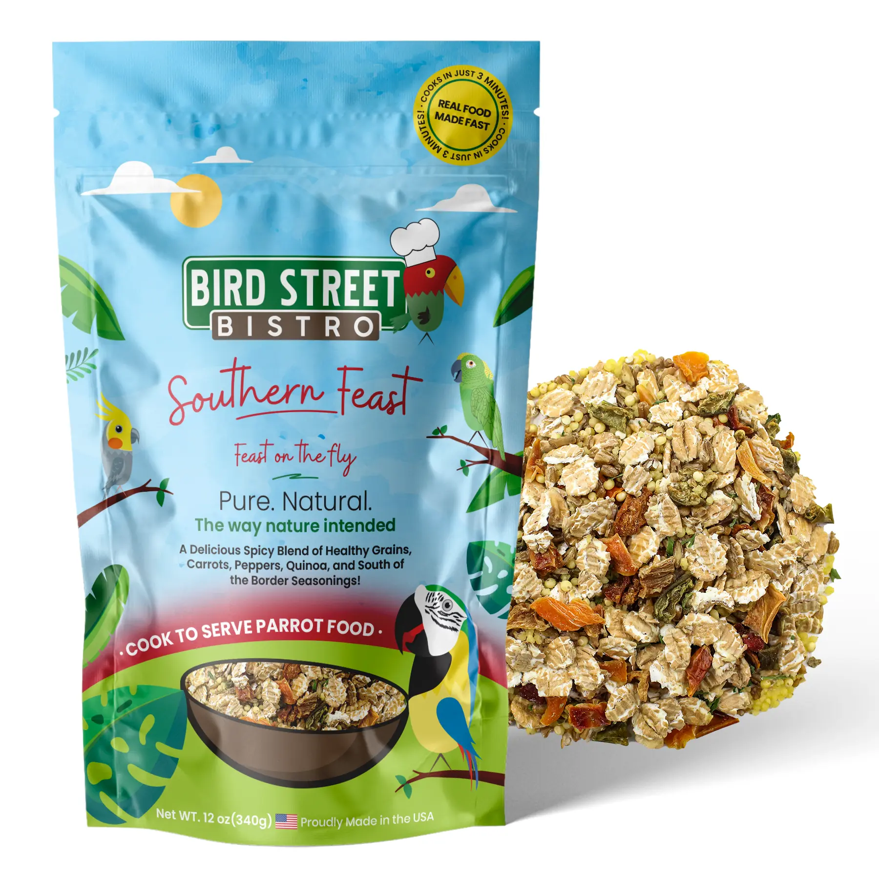 Bird Street Bistro Southern Feast Parrot Food - All-Natural Organic Dried Mix with Kelp, Cayenne Pepper, Quinoa, and More - Ready to Eat in 3 Minutes - Nutrient-Rich for Healthy Parrots
