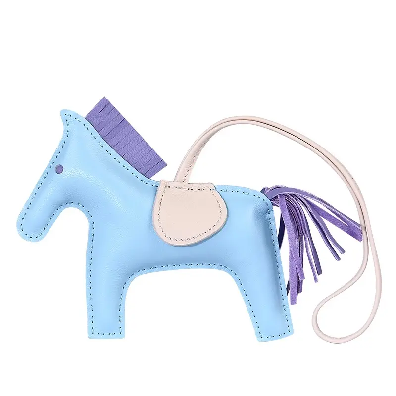 Genuine Cowhide Layer Cute Pony Handbag Charm - Girly Purse Accessories with Whimsical Tassel Pendant, Bag Decoration, Khaki Car Accessory