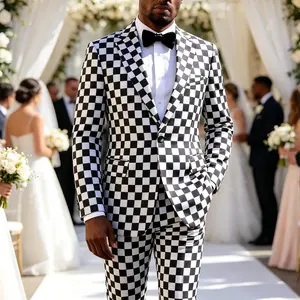 Men's Double-Breasted Jacquard Suit, Luxury Black and White Formal 2-Piece Suit for Wedding & Party