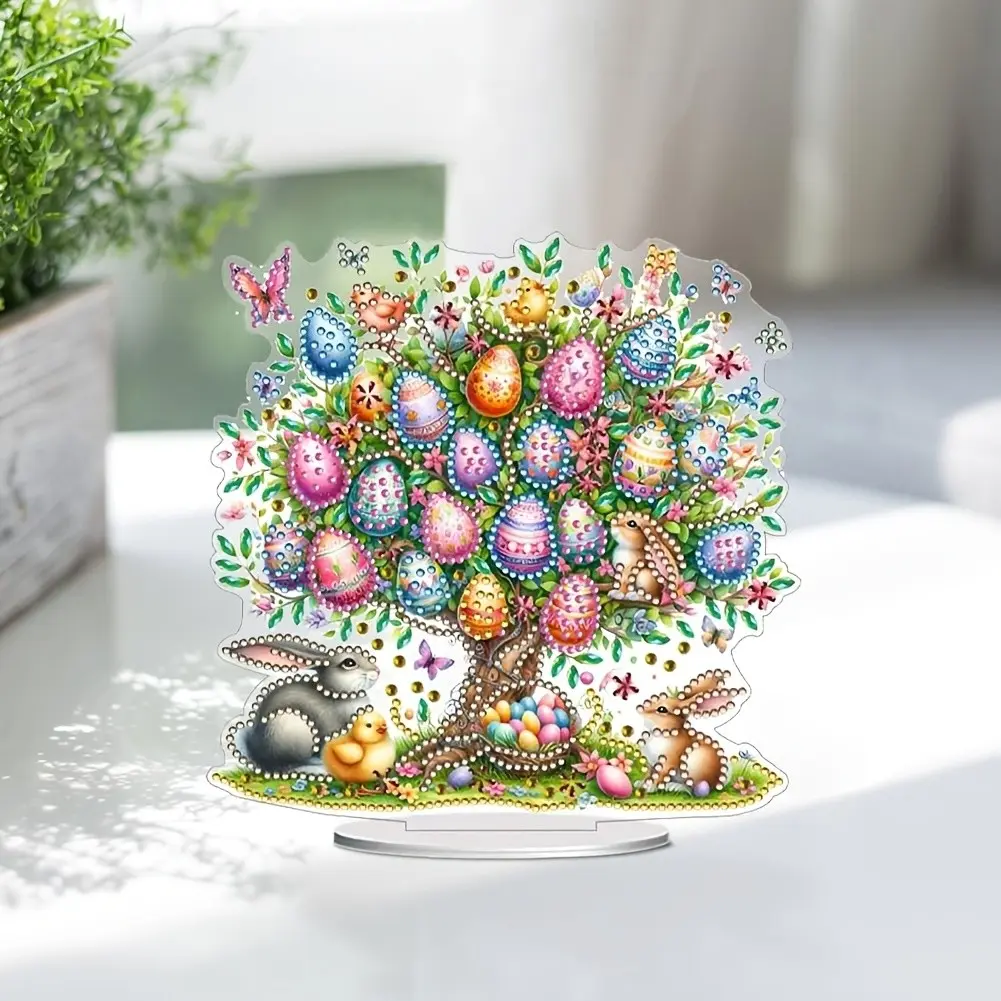 Easter Diamond Art Desktop Set for Adults, DIY Acrylic Stand Gem Painting Board, Easter Bunny Design, Flat Printing Kit, DIY Creativity
