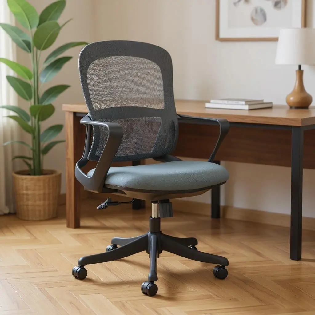 HomeRoots 572163 Gray & Black Adjustable Height, 360-Degree Swivel, Roller-Mounted Mesh-Worked Comfortable Wheel Desk Chair, Wheel Desk Chairs, 360-Degree Desk Chairs