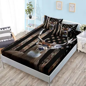 Deer Hunting Camo Bedding,Bedding Set Flag Fitted Sheet Set Full Size for Adult Teen Boy Bedroom,1 Fitted Sheet+2 Pillowcases.