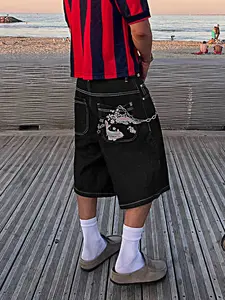 Men's Summer Fashion Jeans Shorts, Vintage Y2K Style Loose Fit, Fish Embroidery, Mid Waist, Zipper Fly, Casual Streetwear, Gift for Him