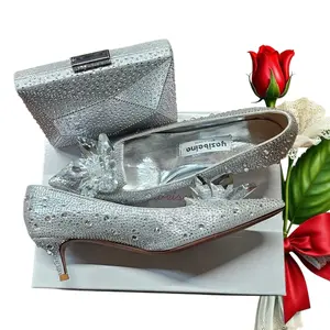 Cinderella glass shoes elegant rhinestones women event shoe and bag set