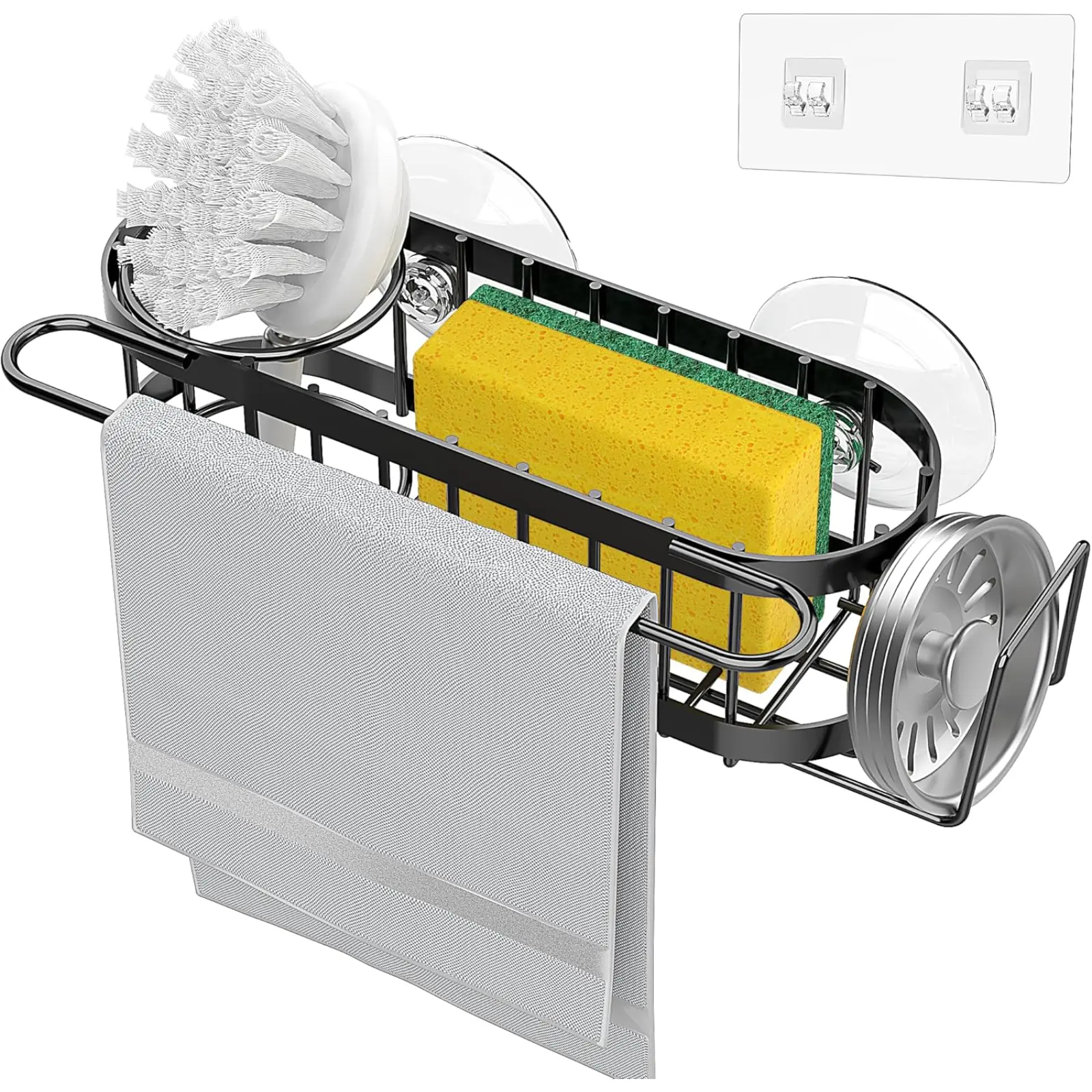 Round Stainless Steel Kitchen Hanging Organizer Caddy - Hangable, Adjustable In-Sink Storage with 2 Installation Options (Suction, Adhesive Racks) for Sponges, Brushes, Dish Cloths, Stoppers