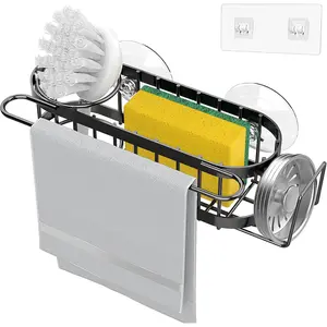 Kitchen Sink Caddy Sponge Holder in The Sink, Stainless Steel Kitchen Sink Organizer, Brush Holder, Dish Cloth Hanger, Sink Stopper Holder with 2 Installation Ways (Suction & Adhesives Racks Set