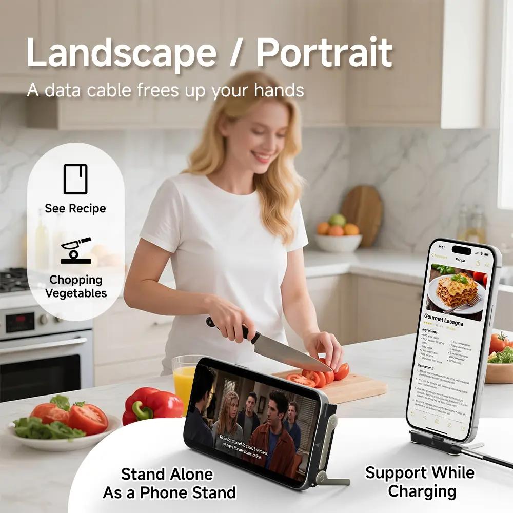 Invisible Phone Stand Charging Cable,240W Type C Multi Charger Cord with 360° Adjustable Stand,Detachable 2-in-1 Stand Adapter for Gaming,Office Desk,Car,Travel Essentials