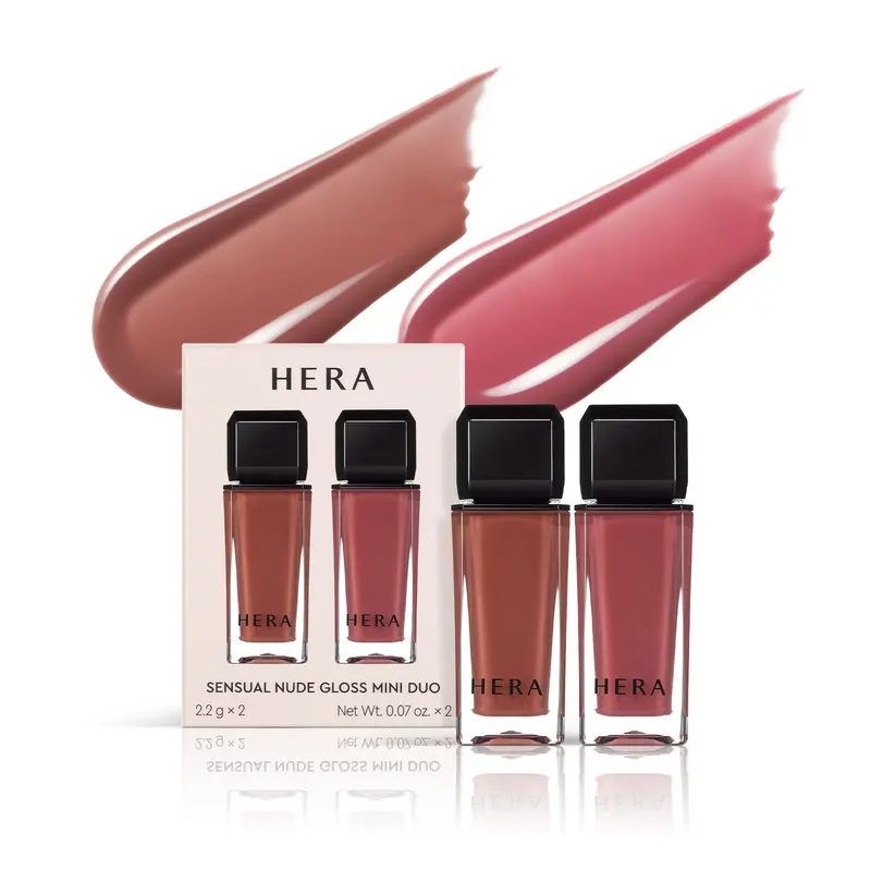HERA Sensual Nude Lip Gloss Mini Duo – Korean MLBB Lip Gloss Gift Set, Sheer High-Shine Non-Sticky & Hydrating (#462 Speechless + #380 Cherish), 0.07 oz × 2