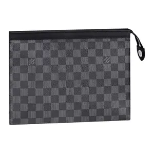 Louis Vuitton Pochette Voyage Handbag and Toiletry Bag for Men – Checkered Canvas and Leather, Medium Size, Gray