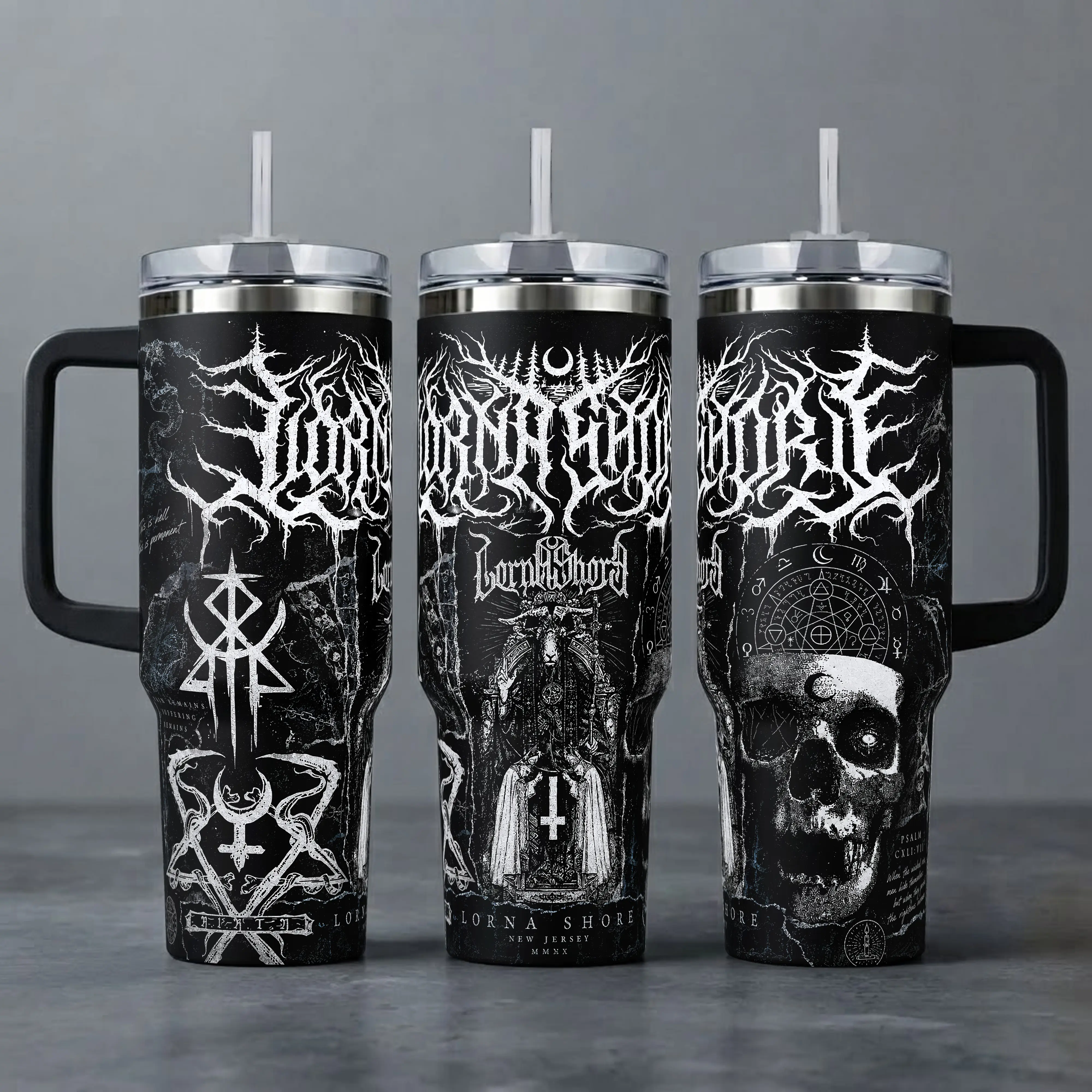 Lorna Shore Tumbler, Deathcore Band 40oz Cup with Handle & 20oz Travel Mug. Music Fan Gift, Lorna Shore Inspired Insulated Tumbler Featuring Gothic Artwork & "Pain Remains" Aesthetic Graphic Design.